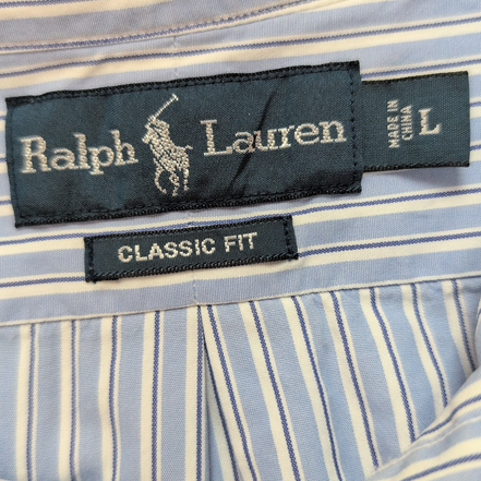 Chemise Ralph Lauren Classic Fit L Bleu Clair Rayures Logo Bleu Marine