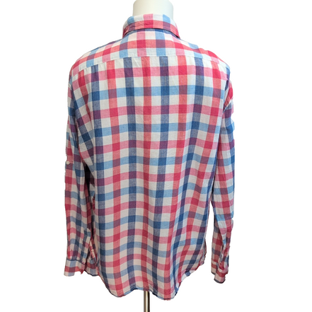 Chemise Bachrach XXL Lin Coton Carreaux Bleu Rouge Blanc Manches Retractables