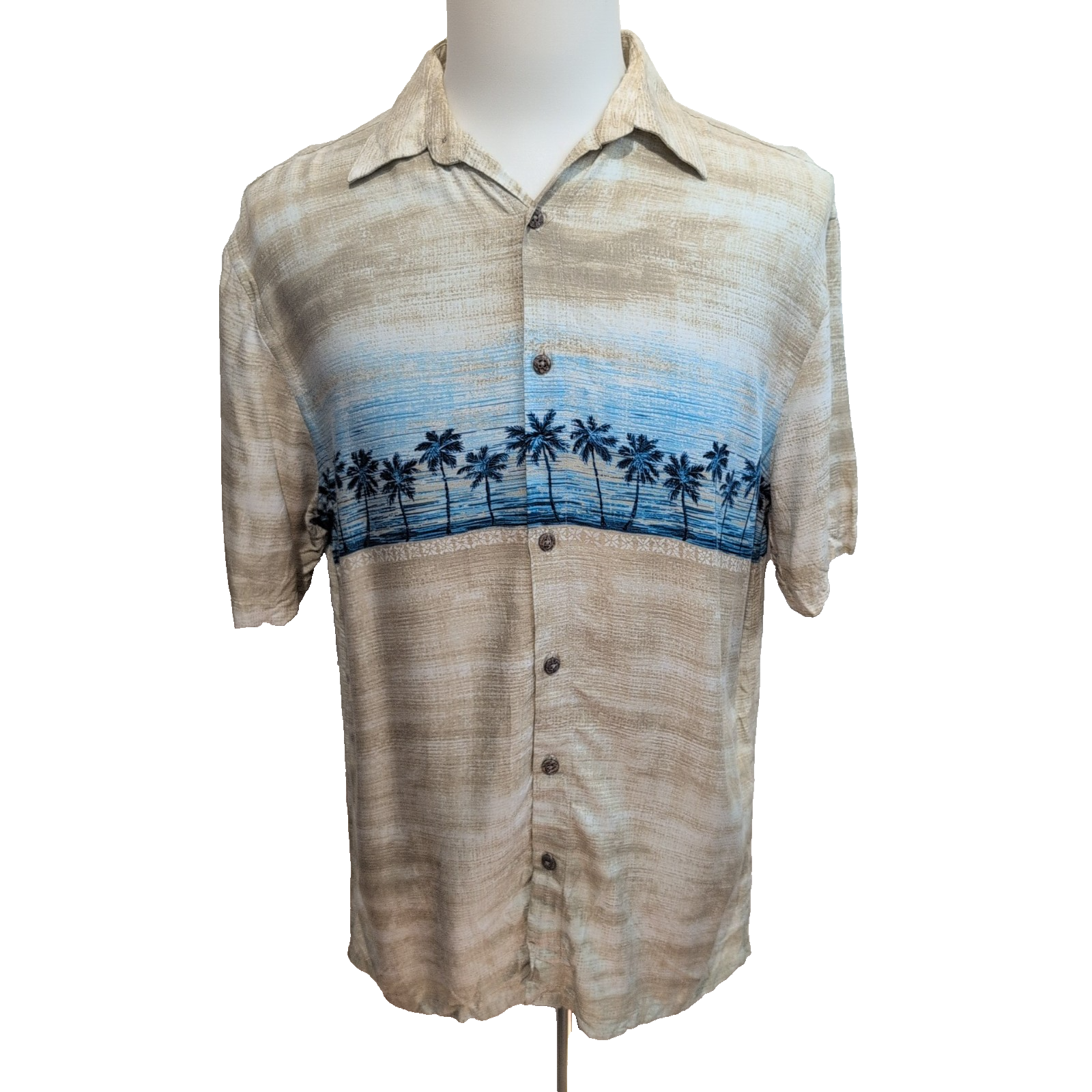 Chemise Hawaïenne Island Shores Taille M Beige Palmiers 100% Rayonne