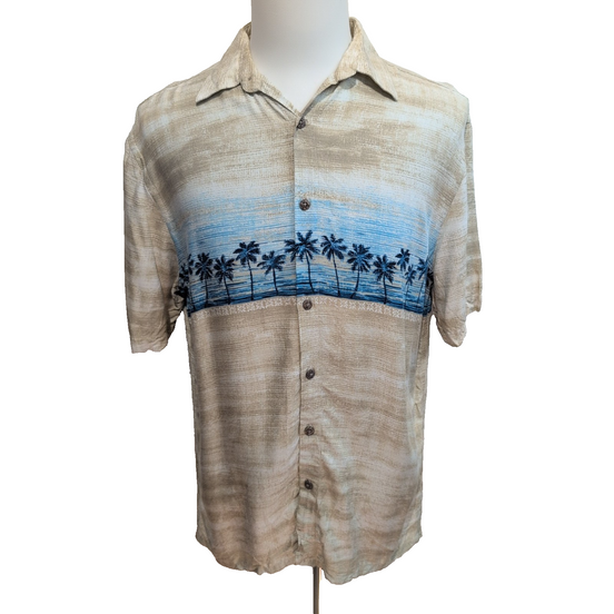 Chemise Hawaïenne Island Shores Taille M Beige Palmiers 100% Rayonne