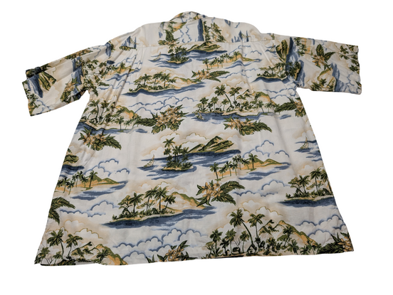 Chemise hawaïenne viscose et coton manches îles et palmiers courtes taille XL