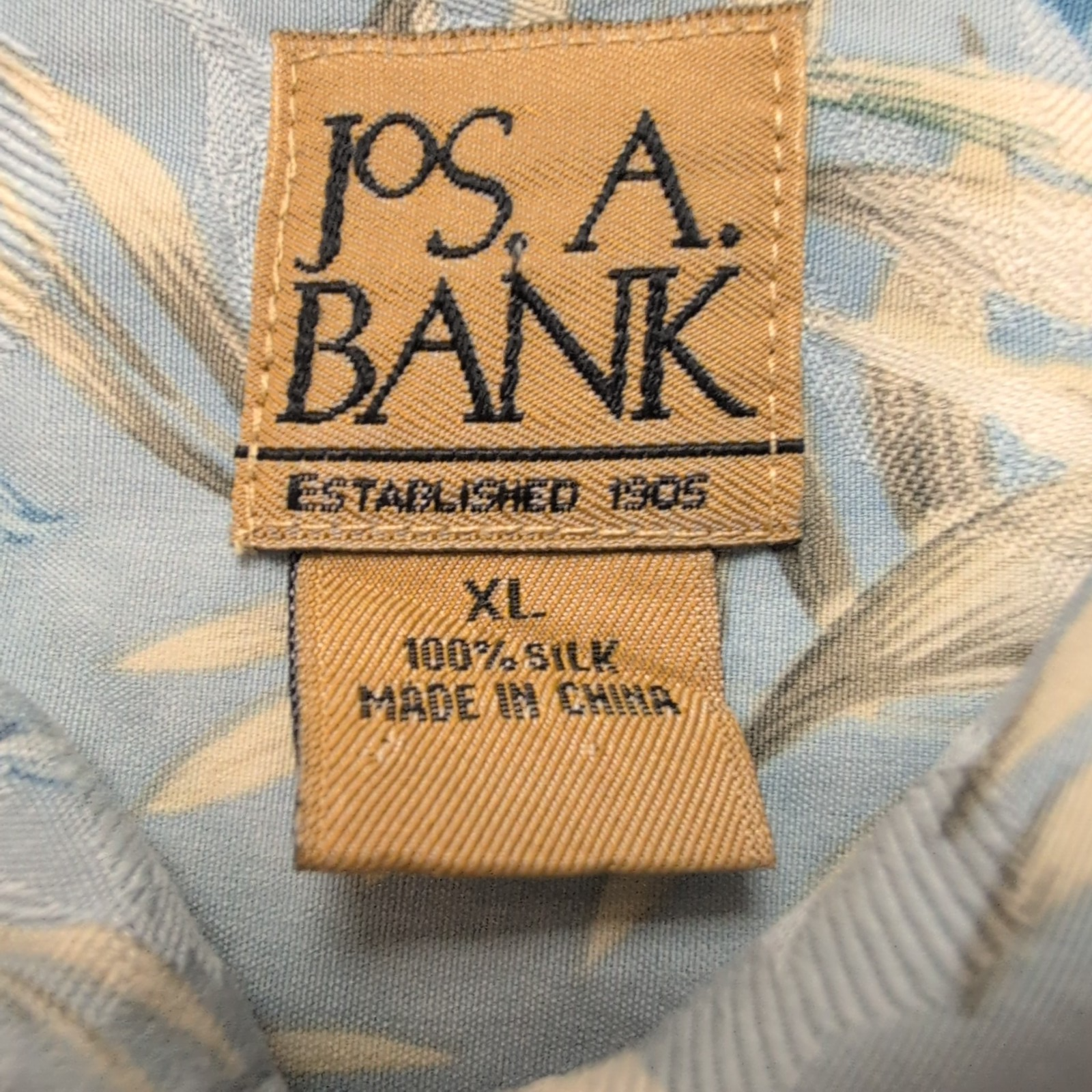 Chemise Hawaïenne JoS.A.Bank XL 100% Soie Bleue Feuillage Manches Courtes