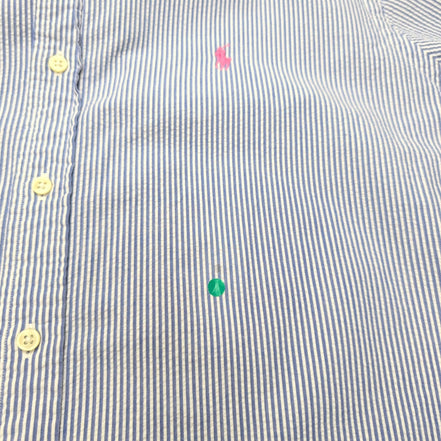 Chemise Ralph Lauren XL Manches Courtes Bleue Rayures Logo Rose Coton
