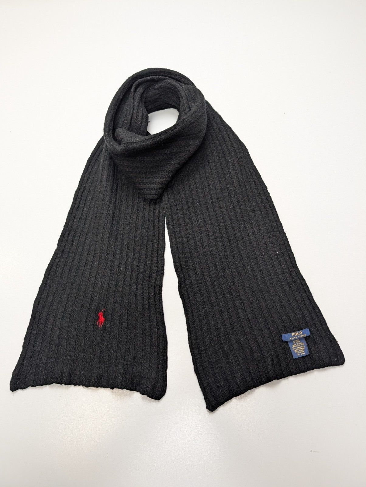 Écharpe Polo Ralph Lauren Côtelée Noire Logo Rouge 80% Laine d'Agneau Vintage