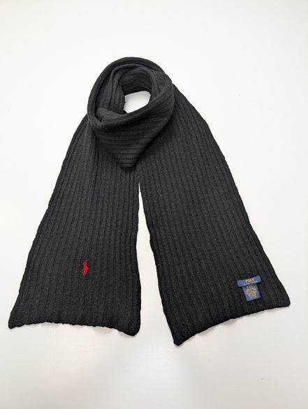Écharpe Polo Ralph Lauren Côtelée Noire Logo Rouge 80% Laine d'Agneau Vintage