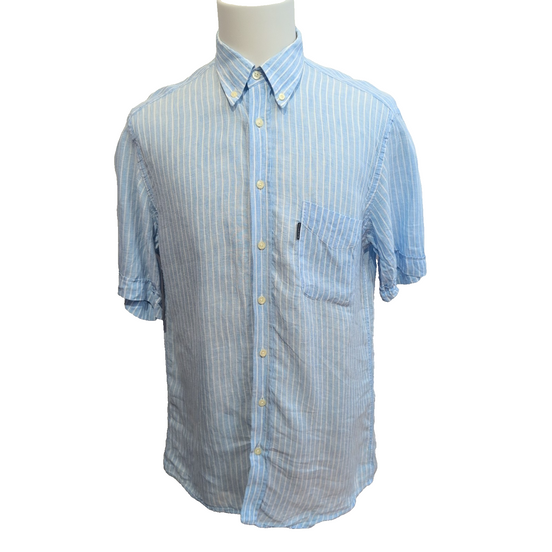 Chemise BARBOUR Homme M Lin Bleu Ciel à Rayures Manches Courtes Poche