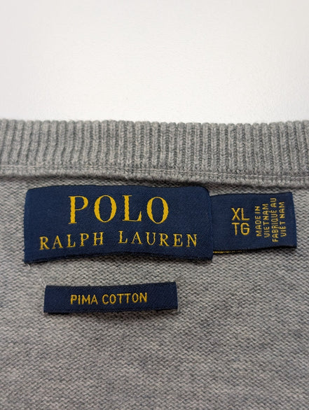 Pull Polo Ralph Lauren col V gris chiné logo gris Pima Cotton taille XL