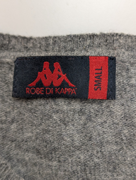 Pull Kappa Col V 100% Laine Gris Uni Vintage Femme Taille S