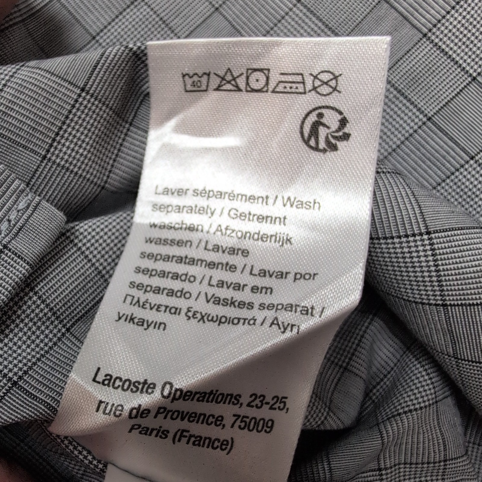 Chemise Lacoste 41 L Slim Fit Gris Carreaux Logo Brodé manches longues