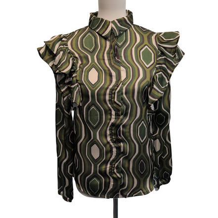 Chemise Femme LIZZI LOU S Verte Motifs Rétro Volants Neuve Étiquette