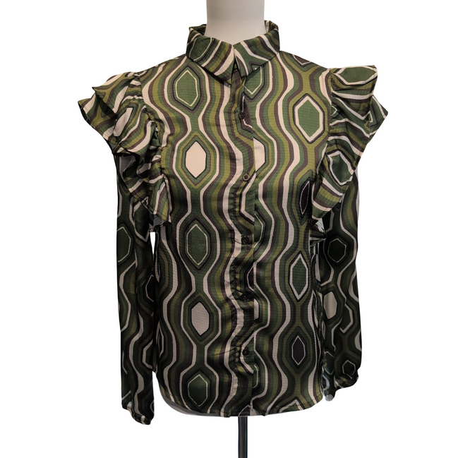 Chemise Femme LIZZI LOU S Verte Motifs Rétro Volants Neuve Étiquette