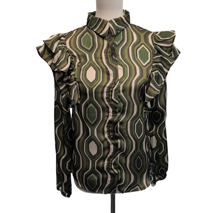 Chemise Femme LIZZI LOU S Verte Motifs Rétro Volants Neuve Étiquette