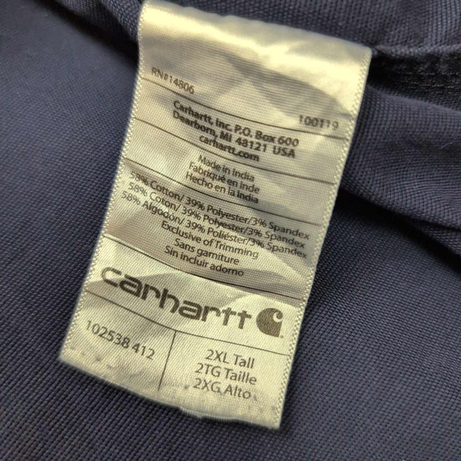Chemise Carhartt 2XL Tall Relaxed Fit Bleu Marine 2 Poches Zip manches courtes