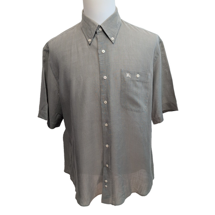 Chemise BURBERRY Lin XL Vert Kaki Logo Brodé Manches Courtes