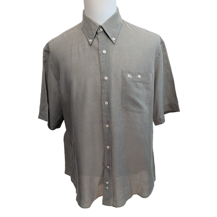 Chemise BURBERRY Lin XL Vert Kaki Logo Brodé Manches Courtes