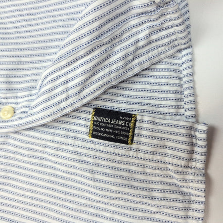 Chemise Nautica Jeans Co XL Bleu Rayures Manches courtes Poche Logo Brodé