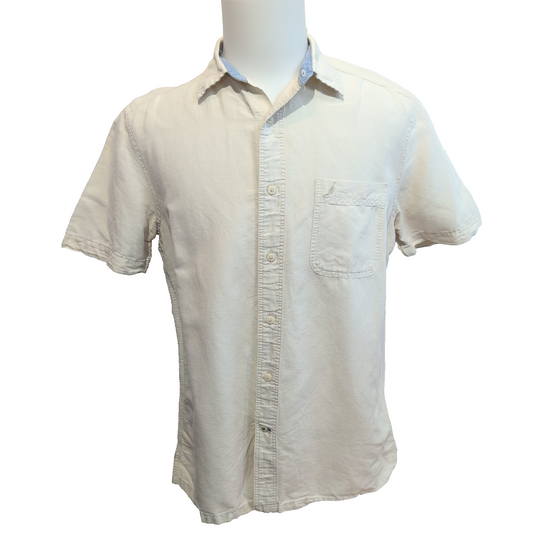 Chemise Nautica lin coton beige crème poche logo manches courtes M