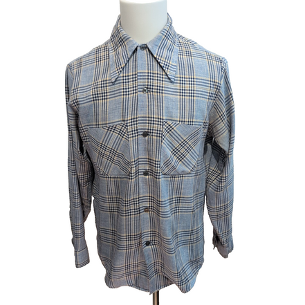 Chemise DEE CEE Vintage Made in USA Bleu Carreaux Col Pointe Années 70 M/L