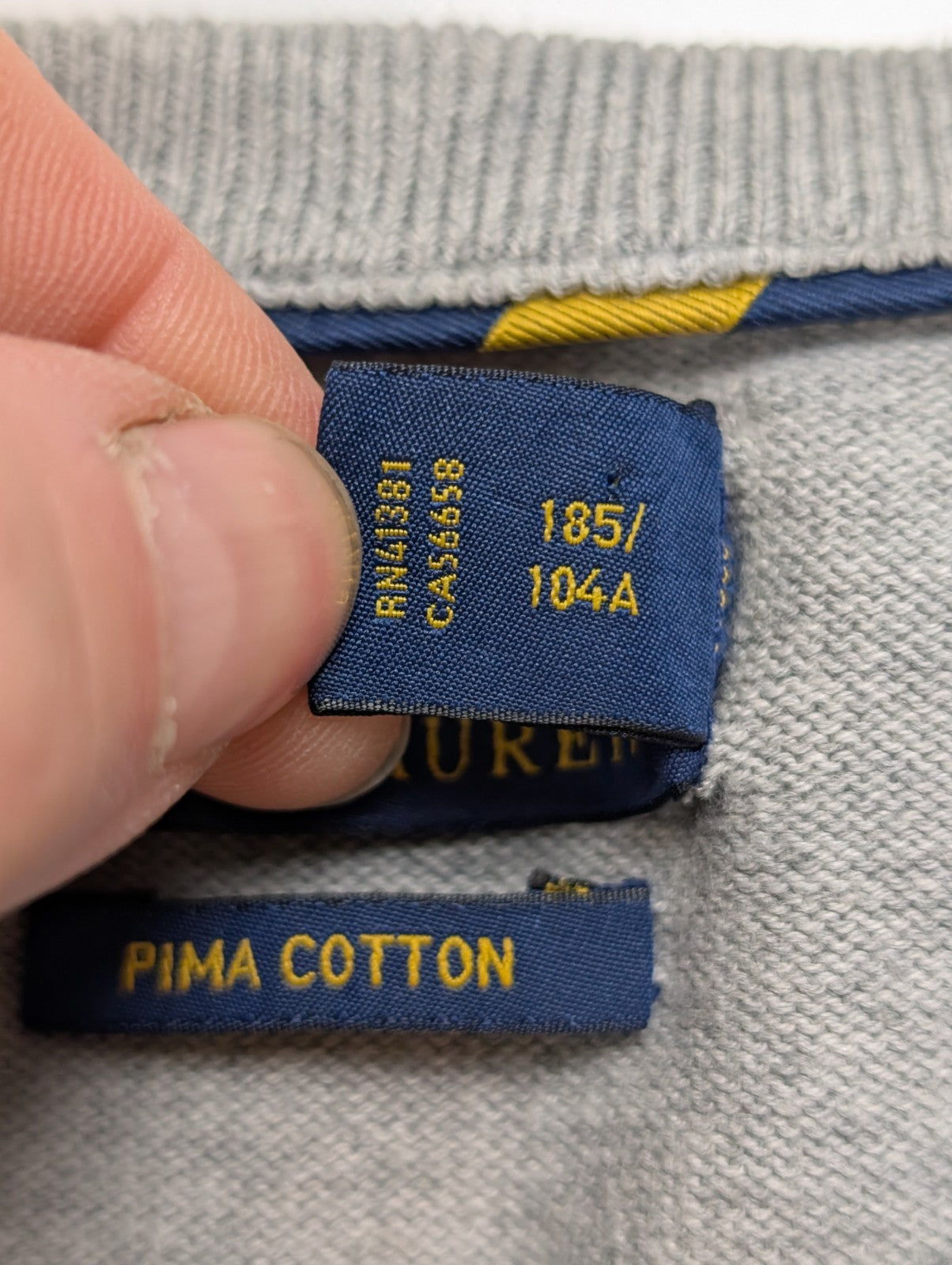 Pull Polo Ralph Lauren Col V Gris Clair Logo Bleu Marine - 100% Coton Pima XL