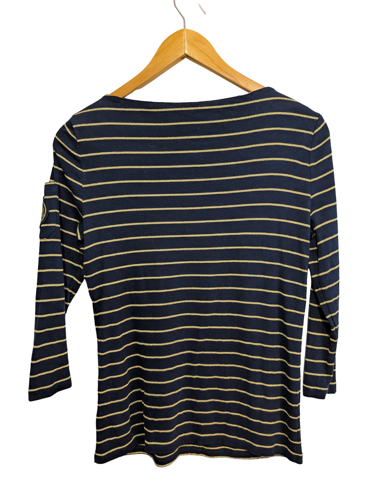 Pull LAUREN Ralph Lauren femme M bleu marine rayures dorées écusson brodé