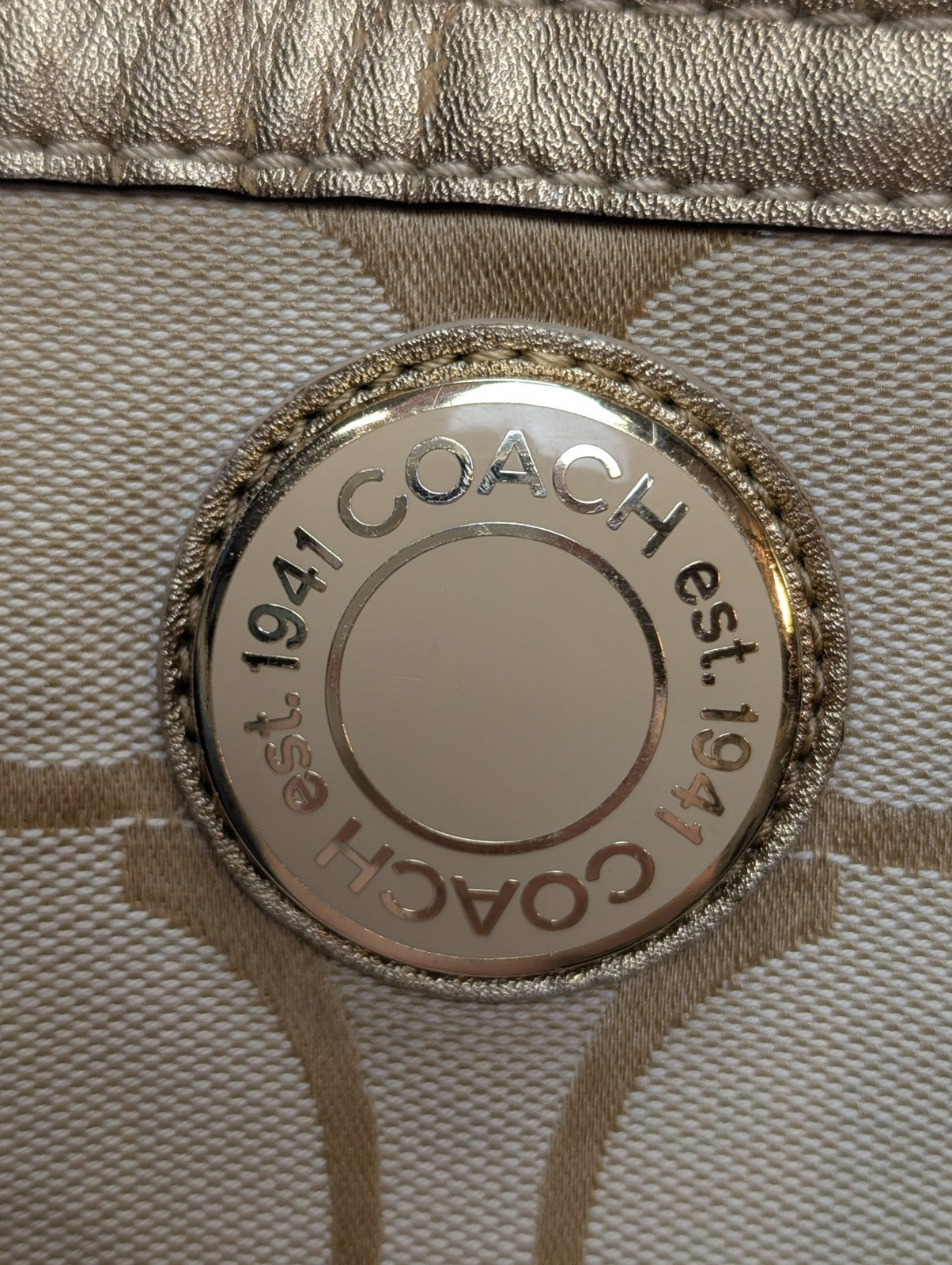 Sac Coach Signature Beige Jacquard Toile Cuir Épaule Cabas