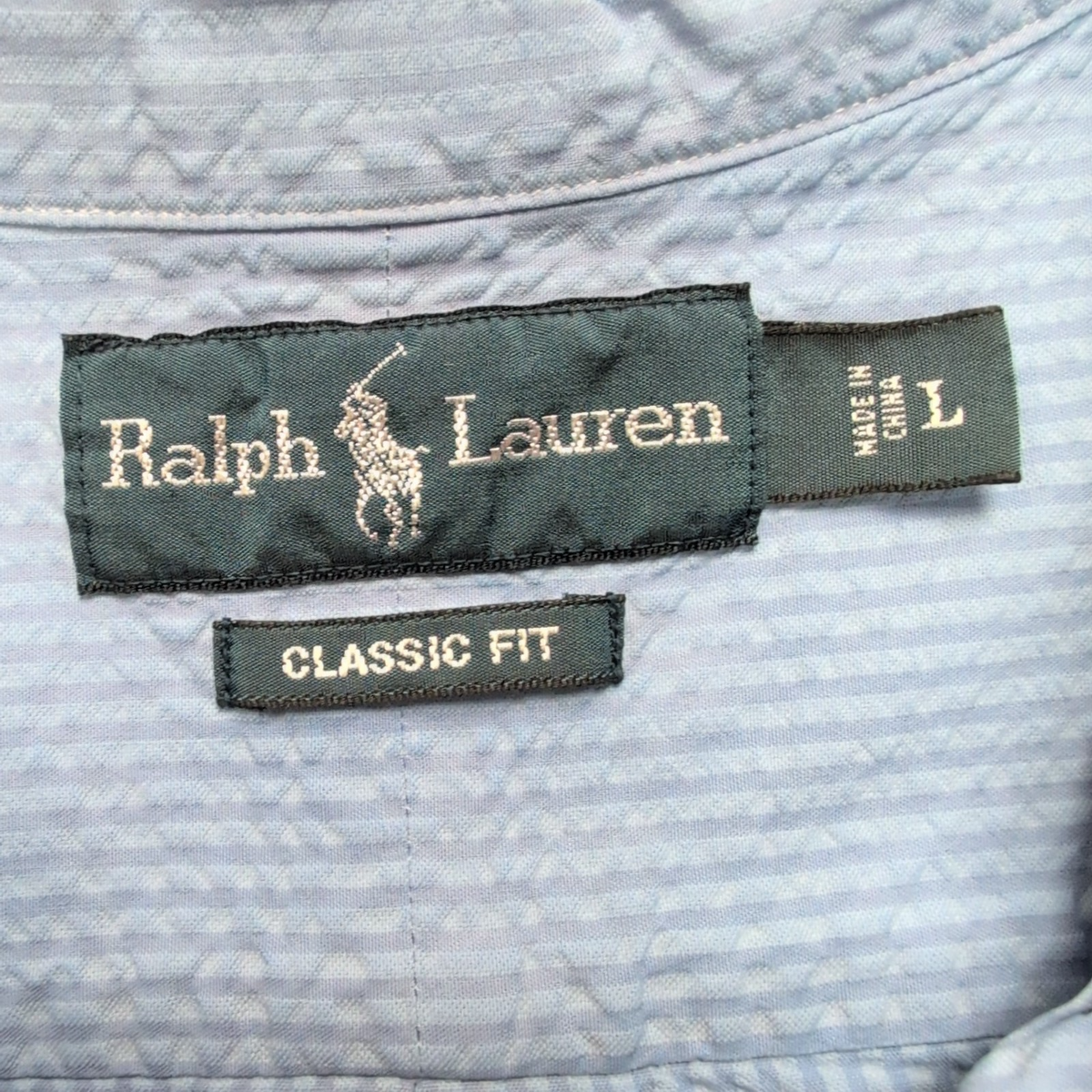 Chemise Ralph Lauren L Bleue Rayures Gaufrées Coton Manches Courtes Logo Rose