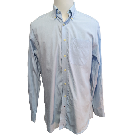 Chemise Tommy Hilfiger Homme Taille M/L Bleu Clair Rayée Coton Poche