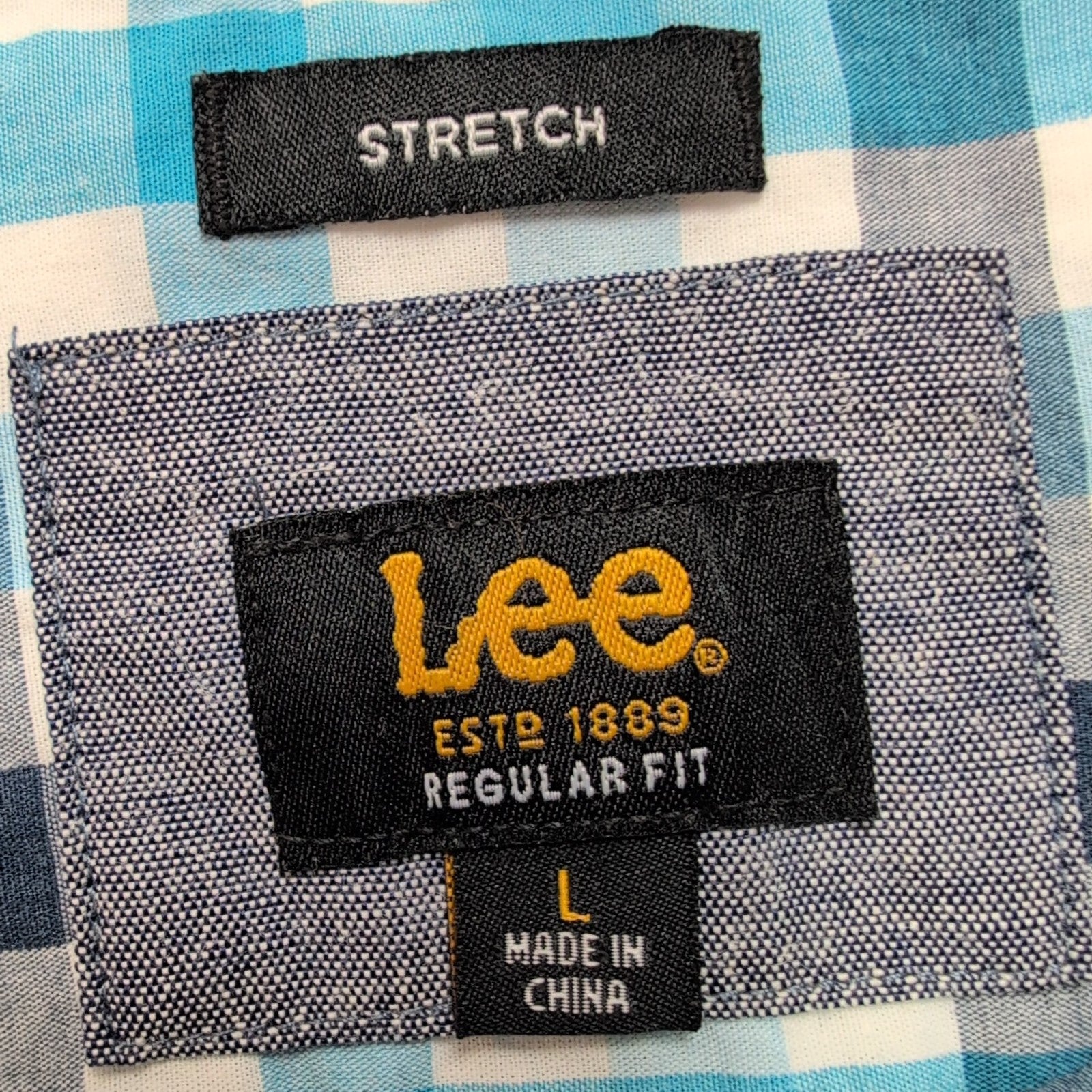 Chemise Lee stretch bleu ciel à petits carreaux manches courtes taille L