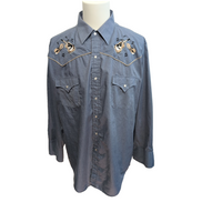 Chemise Western Ely Cattleman 2XL Bleu effet jean Guitare Boutons Pression