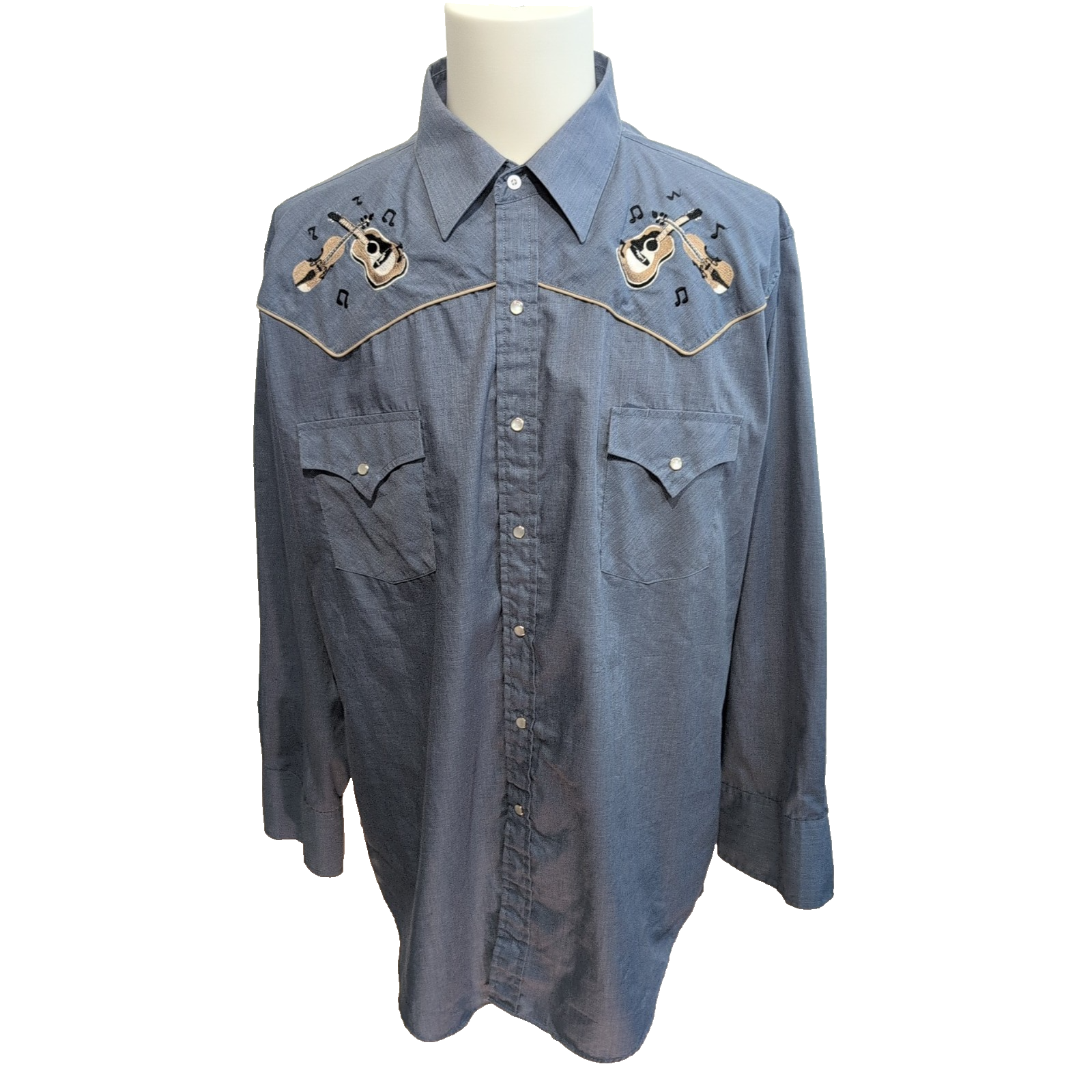 Chemise Western Ely Cattleman 2XL Bleu effet jean Guitare Boutons Pression
