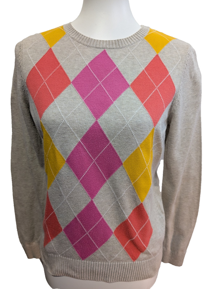 Pull Izod Femme Pur Coton Motif Losanges Multicolore Arlequin - Taille S