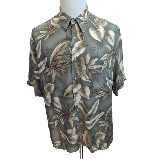 Chemise Hawaïenne Pierre Cardin L Kaki Feuillage Rayonne Manches Courtes