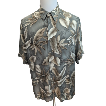 Chemise Hawaïenne Pierre Cardin L Kaki Feuillage Rayonne Manches Courtes