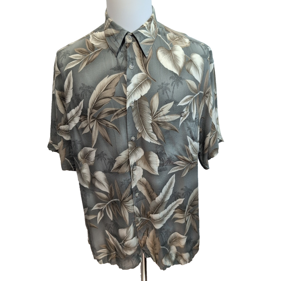 Chemise Hawaïenne Pierre Cardin L Kaki Feuillage Rayonne Manches Courtes