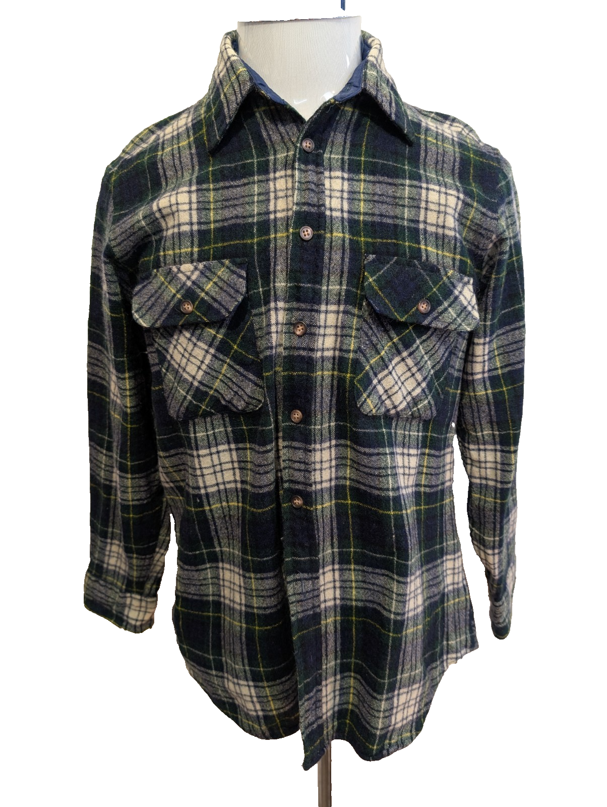 Lord & Taylor Chemise Flanelle Laine Carreaux Vert Bleu Marine L Vintage homme