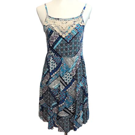 Robe d'été Rayonne Bleu Blanc Violet Dentelle Bretelles Réglables T M