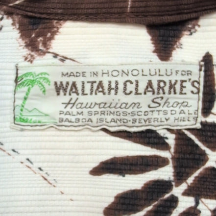 Chemise Hawaïenne Waltah Clarke's Made in Honolulu M Marron Blanc Fleurie