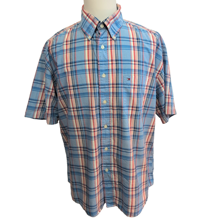 Chemise Tommy Hilfiger Manches Courtes Bleu Blanc Rouge à Carreaux Taille XL
