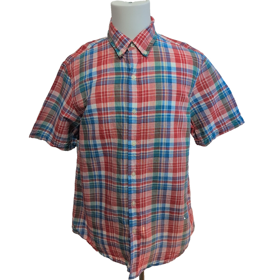 Chemise Chaps rouge à carreaux lin et coton workwear manches courtes à poche XL