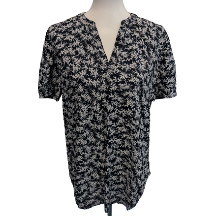 Haut Esprit Femme M Bleu Marine Fleuri Blanc Manches Courtes Viscose Neuf