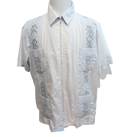 Chemise Guayabera Cuba Panama XL Blanche Brodée Vintage Zip manches courtes