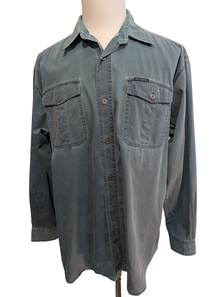 CHEMISE COLUMBIA Coton Patiné Bleu L Homme 2 Poches Casual Boutons Métal