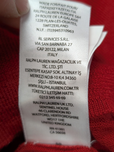 Pull POLO RALPH LAUREN Rouge Col V 100% Laine MERINOS Doux Taille L Homme Luxe