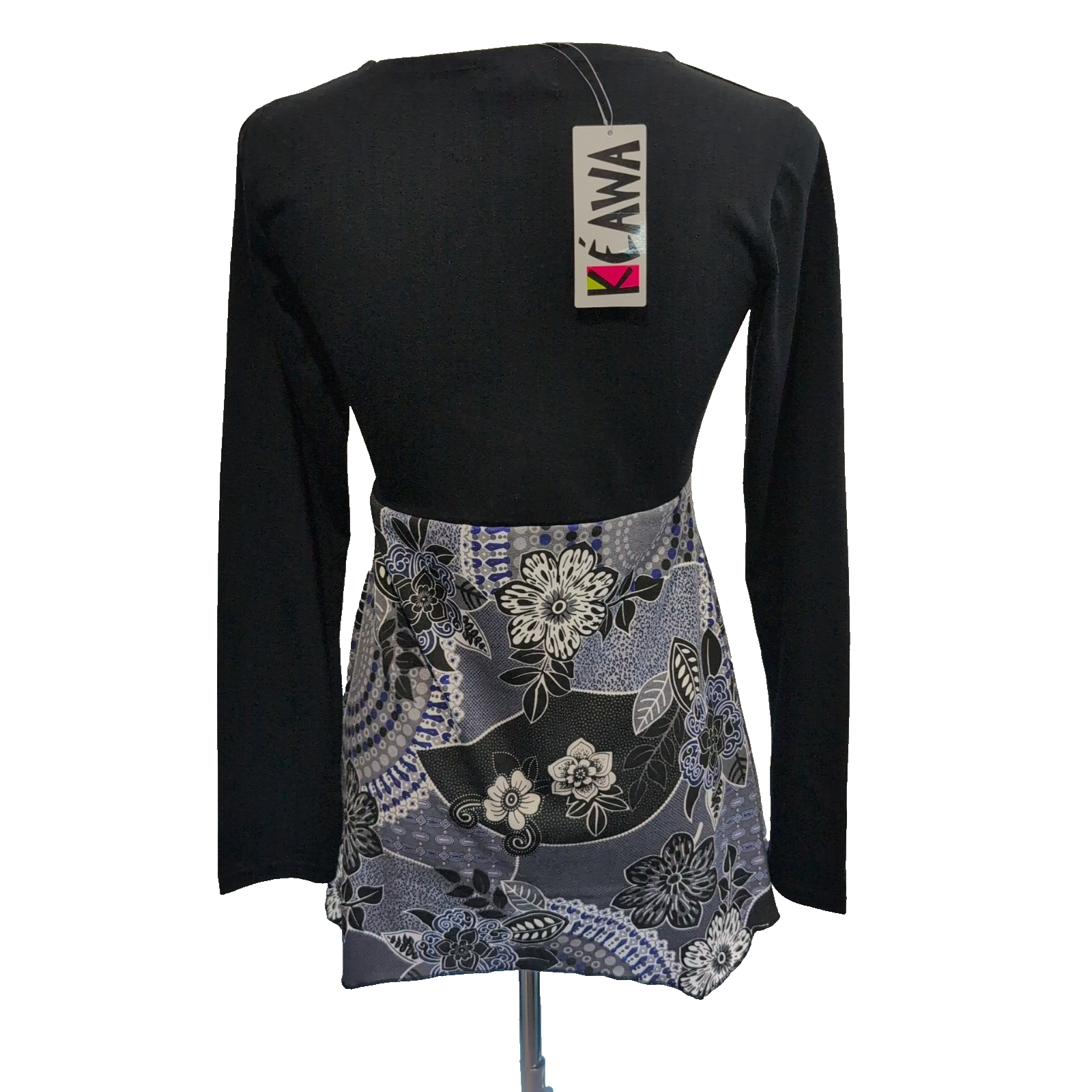 Tunique Femme Kéawa Taille S Noire Fleurie Col V Manches Longues Neuve
