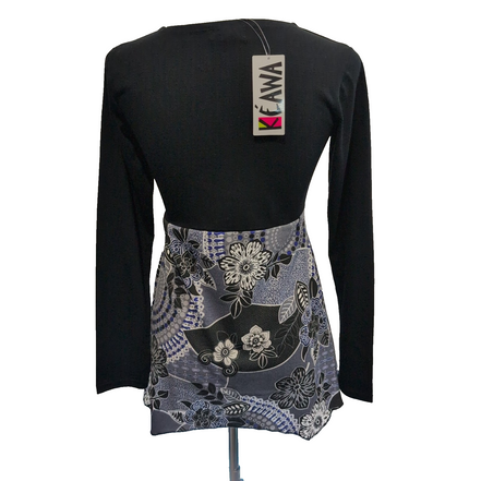 Tunique Femme Kéawa Taille S Noire Fleurie Col V Manches Longues Neuve