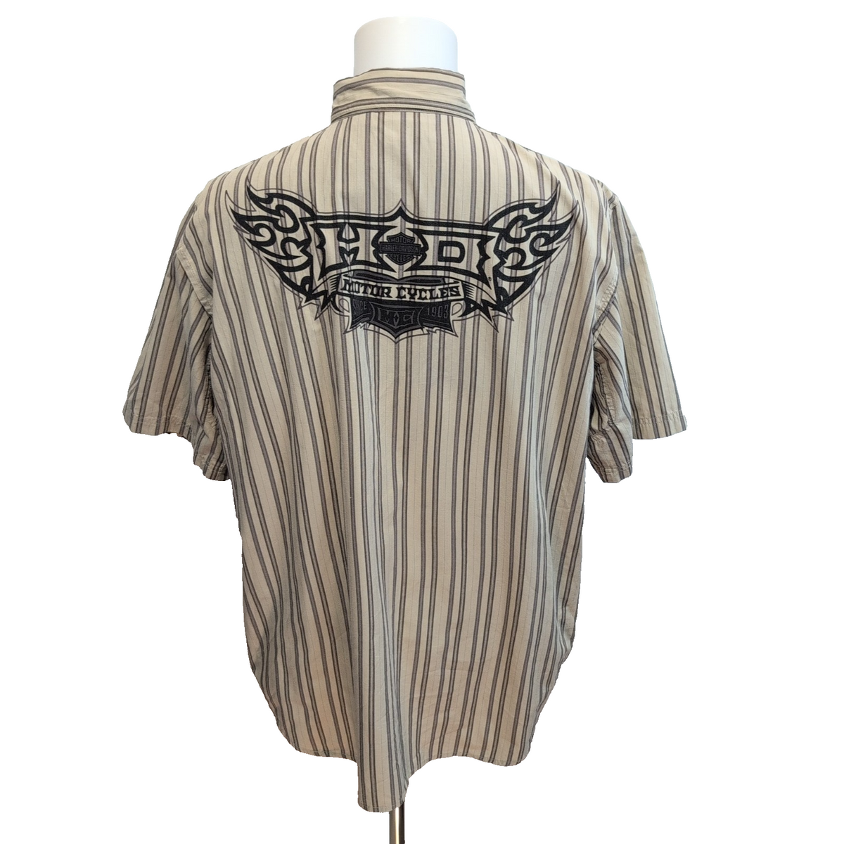 Chemise Harley Davidson XL Beige Rayures Brodée Dos Moto USA