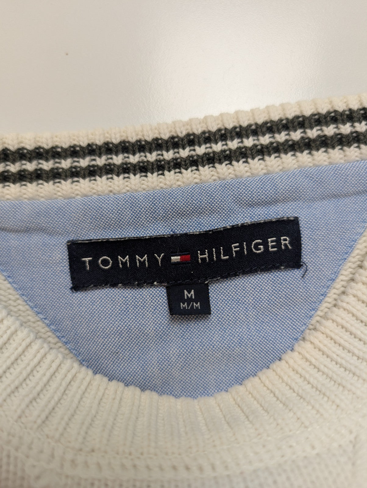 Pull Tommy Hilfiger Homme Col Rond Blanc Cassé Maille Robuste - Taille M