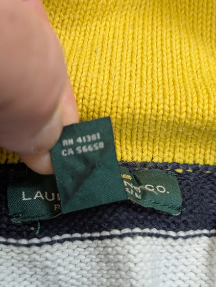 Pull Lauren Ralph Lauren femme S col zippé rayures marine écru jaune coton