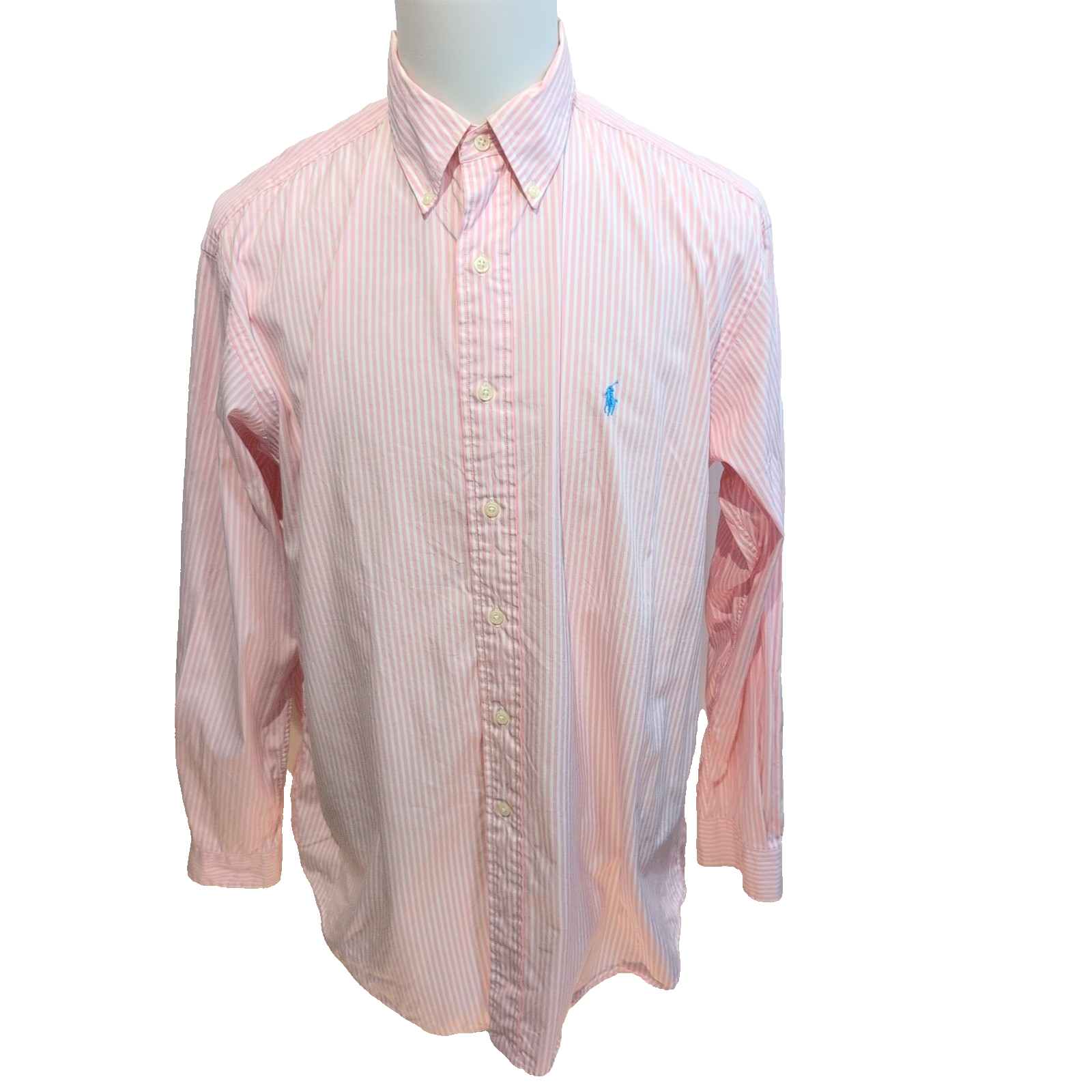 Chemise Ralph Lauren Classic Fit L/XL rose rayures logo bleu coton