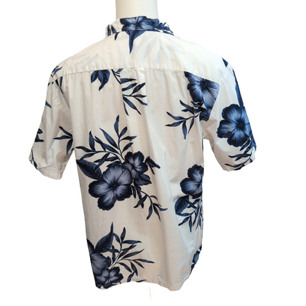 Chemise Hawaïenne Palmwave Fleurie Bleu Marine Blanc 100% Coton L manches courte